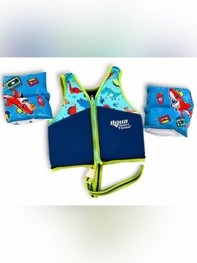 Aqua Swim School Kids Swim Vest with Matching Arm Floaties-Shark Print, 4-6years